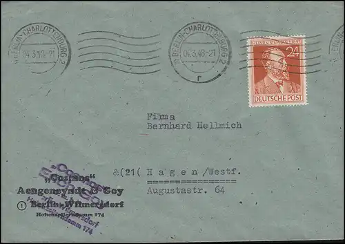 963 Heinrich von Stephan 24 Pf. EF Bf BERLIN-CHARLOTTENBURG 4.3.1948 vers Hagen