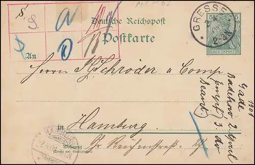 Carte postale P 50II Germania 5 Pf. Encercle GRESS 2.4.1901 vers HAMBURG 2.4.01