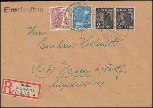 Kontrollrat II - Mischfrankatur auf R-Brief BERLIN-ZEHLENDORF 26.5.48 nach Hagen