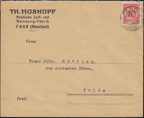 340Pa Korbdeckel EF Brief Senf und Weinessig Moskopf FAHR (RHEINLAND) 25.4.1924