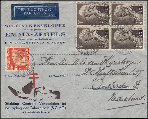 Poste aérien NL-Inde - Lettre de bijoux NL Reine-mère Tuberculose BATAVIA 21.11.34