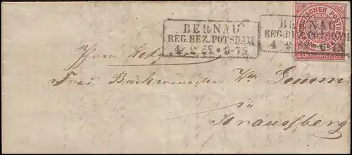 Norddeutscher Bund 1 Gr. EF Brief Rahmen-O BERNAU REG. BEZIRK POTSDAM 4.9.1869