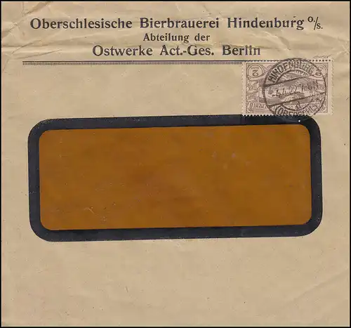 27 Hüttenwerke und Friedenstaube 2 Mark EF Brief Bierbrauerei HINDENBURG 4.4.22