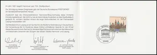 Klappkarte 750 Jahre Hannover - Edition Hannover/Leipzig ESSt BONN 8.1.1991