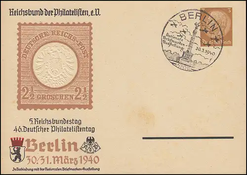 Privatpostkarte Philatelistentag 1940 SSt BERLIN Briefmarkenausstellung 30.3.40