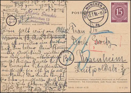 921 Ziffer 15 Pf auf Postkarte - mit Nachporto erhoben - MÜNCHEN 12.7.1960 