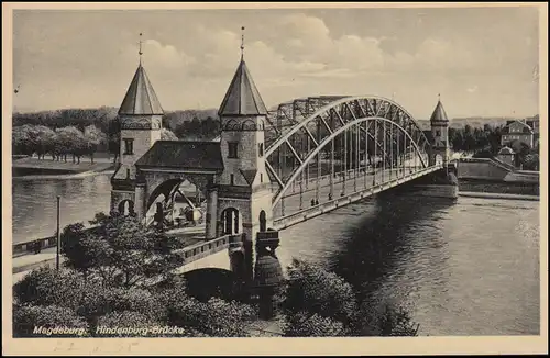 Ansichtskarte Hindenburg-Brücke in MAGDEBURG 1935 nach Nordholz mit EF 560