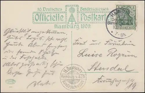 16. Deutsches Bundesscheissen Hamburg 1909 correspondant AK avec SSt HAMBURG 10.7.09