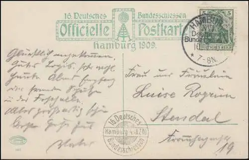 16. Deutsches Bundesschiessen Hamburg 1909 passende AK mit SSt HAMBURG 10.7.09