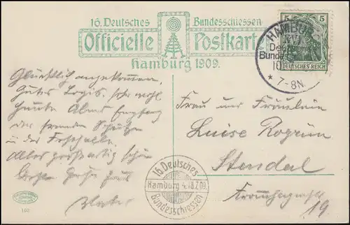 16. Deutsches Bundesschießen Hamburg 1909 passende AK mit SSt HAMBURG 10.7.09