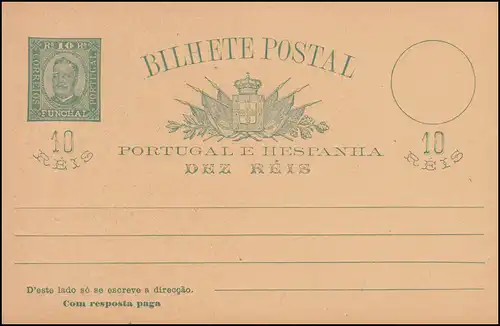 Portugal Madeira Postkarte König Carlos I. Doppelkarte 10/10 R grün, ungebraucht