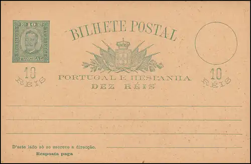 Portugal Madeira Postkarte König Carlos I. Doppelkarte 10/10 R grün, ungebraucht