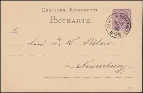 Carte postale P 12/02A paragraphe 5 Pfennig DV 985, VAREL in oldenbuRG 30.9.1885