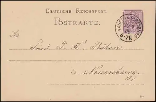Postkarte P 12/02A Ziffer 5 Pfennig DV 985, VAREL in OLDENBURG 30.9.1885