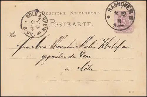 Carte postale P 12/01A, paragraphe 5 Pfennig DV 10 83, HANNOVER 14.12.1883 vers Cologne