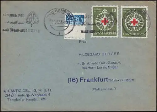 164 Dunant / DRK mit Notopfer/ Leerfeld und Rand MeF Brief HAMBURG 30.5.1953