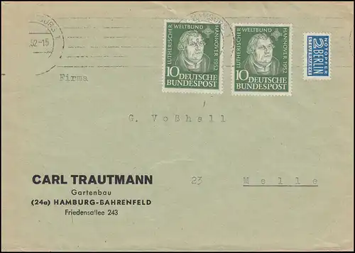 149 Martin Luther comme MeF sur lettre avec les victimes de secours HAMBURG 13.8.52 à Melle