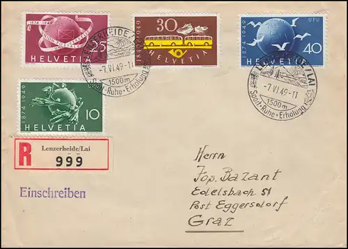 522-524 UPU mit 521 auf R-Brief SSt LENZERHEIDE/LAI 7.6.49 nach EGGERSDORF 10.6.