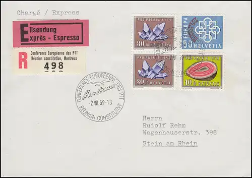 Schweiz 682 PTT-Konferenz mit Zufr. S-R-Zettel Eil-R-Brief SSt MONTREUX 2.7.1959