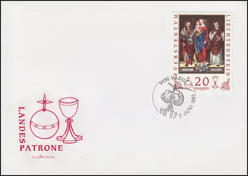 Liechtenstein 1151 Cartouche nationale 20 francs sur Bijoux Blanko-FDC VADUZ 1.6.97