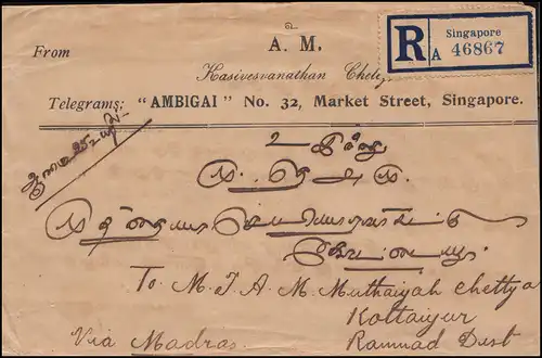 Straits Settlements R-Brief von Singapur 3.6.1922 rs. MiF nach Kottaiyur/Indien