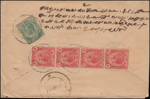 Straits Settlements R-Lettre de Singapour 3.6.1922 rs. MiF vers Kottaiyur/Inde