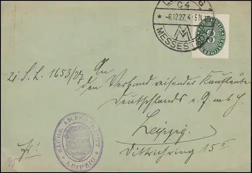 Dienstmarken 116 Ziffer 8 Pf EF Ortsbrief Amtsgericht LEIPZIG MESSESTADT 6.12.27