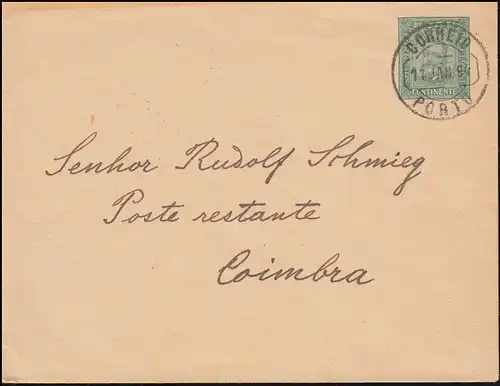 Portugal Umschlag U 3 König Carlos I. 25 R grün PORTO 11.1.94 nach COIMBRA 11.1.