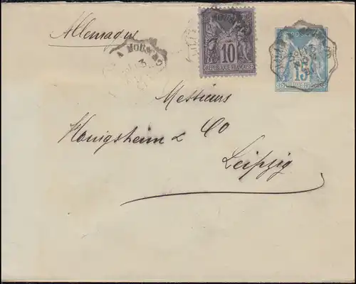 Frankreich Umschlag U 2 B II mit Zusatzfrankatur 13.11.1891 nach LEIPZIG 14.11.