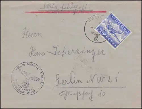 Feldpostmarke 1A Aéroport EF Lettre 22.11.42 Aeroport de Wroclaw à Berlin