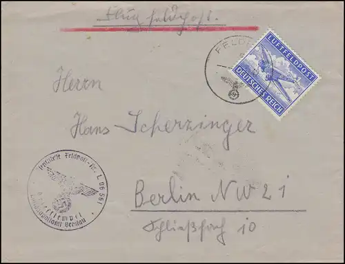 Feldpostmarke 1A Flugzeug EF Brief 22.11.42 Luftgaupostamt Breslau nach Berlin
