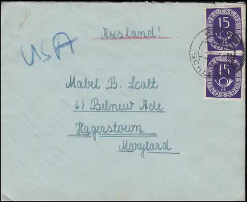 129 Posthorn 15 Pf. als MeF auf Auslandsbrief KROPP / HOLSTEIN 1952 in die USA