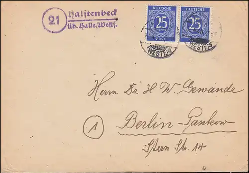 Landpost-Stempel Halstenbeck über Halle/Westf.) 22.4.48 Brief nach Berlin-Pankow