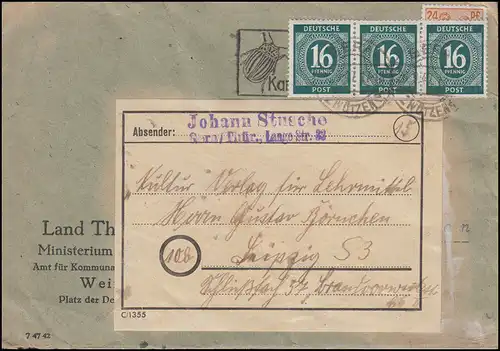 923 paragraphe 16 Pf comme MeF sur lettre GERA-DEUX Septembre 1947, pr. BPP