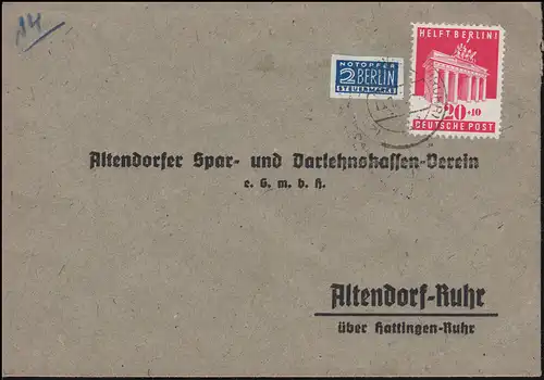102 Berlin-Hilfe 20 mit Notopfer EF Brief HATTINGEN Januar 1949 nach Altendorf