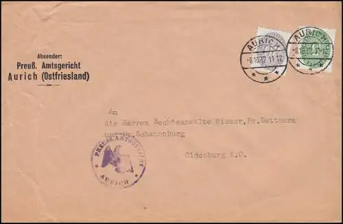 Dienstmarken 114+126 Ziffer MiF Brief Amtsgericht AURICH 8.10.32 nach Oldenburg