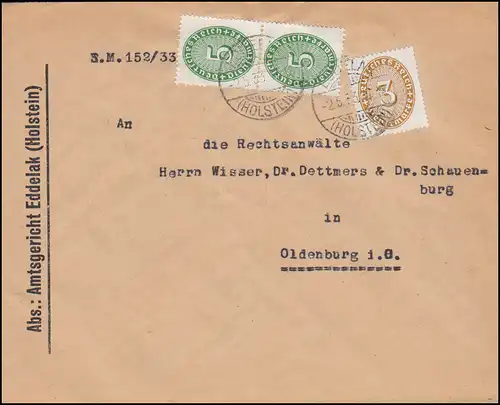Dienstmarken 114+115 Ziffer auf Brief Amtsgericht EDDELAK 2.5.33 nach Oldenburg