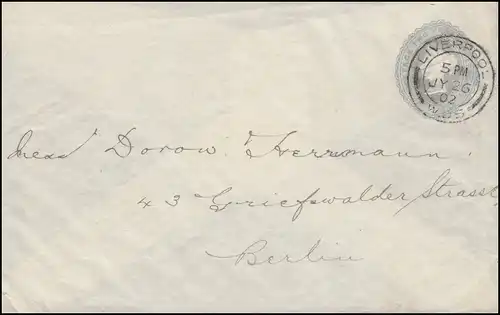 Großbritannien Privatumschlag Königin Viktoria 2 Penny grau LIVERPOOL 26.7.1902