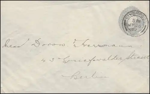 Royaume-Uni enveloppe privée Reine Victoria 2 Penny gris LIVERPOOL 26.7.1902
