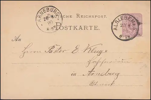 Carte postale P 10 chiffre 5 pfennig, ALS VIE A.S. 25.8.1880 après ARNEBOURG 26.8.80