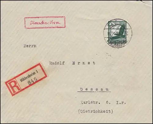 535 Flugpostmarke Steinadler 50 Pf. R-Brief HILDESHEIM 29.7.35 nach DESSAU 30.7.