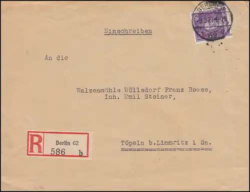 395 Leibnitz 40 Pf als EF auf R-Brief BERLIN 62 - 9.3.1927 nach LIMMRITZ 10.3.27