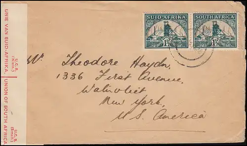 censure Afrique du Sud-USA 79-80 Couple de mine d'or Lettre ENTUMENI 15.1.1940 à New York