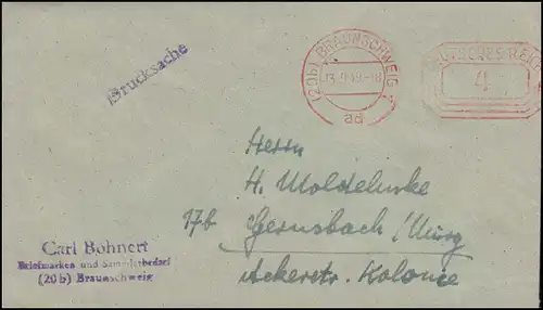 AFS Braunschweig 13.9.49 - 4 Pfennig, Drucksache Briefmarkenhandel Bohnert
