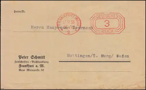 AFS Frankfurt / Main 17.9.38 - 3 Pfennig auf Drucksache nach Hottingen/Murg