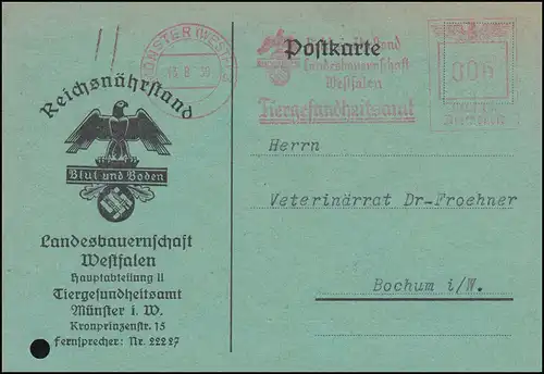 AFS Reichsutterstand Office vétérinaire de Münster 13.8.38 sur carte postale à Bochum