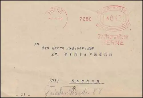 Administration municipale AFS Herne 4.8.44 Protection sanitaire des bovins, lettre à Bochum