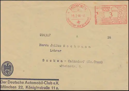 AFS Automobil-Club ADAC München 19.2.40 auf Briefvorderseite