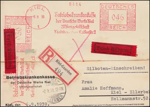 AFS Gewerkschaftsverfassungskasse Deutsche Werke Kiel 6.9.39 sur carte postale Eil-R-Sorts