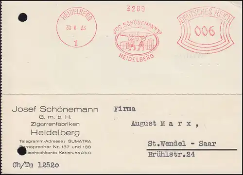 AFS J. Schönemann Zigarrenfabriken Heidelberg 20.6.33, Postkarte nach St. Wendel